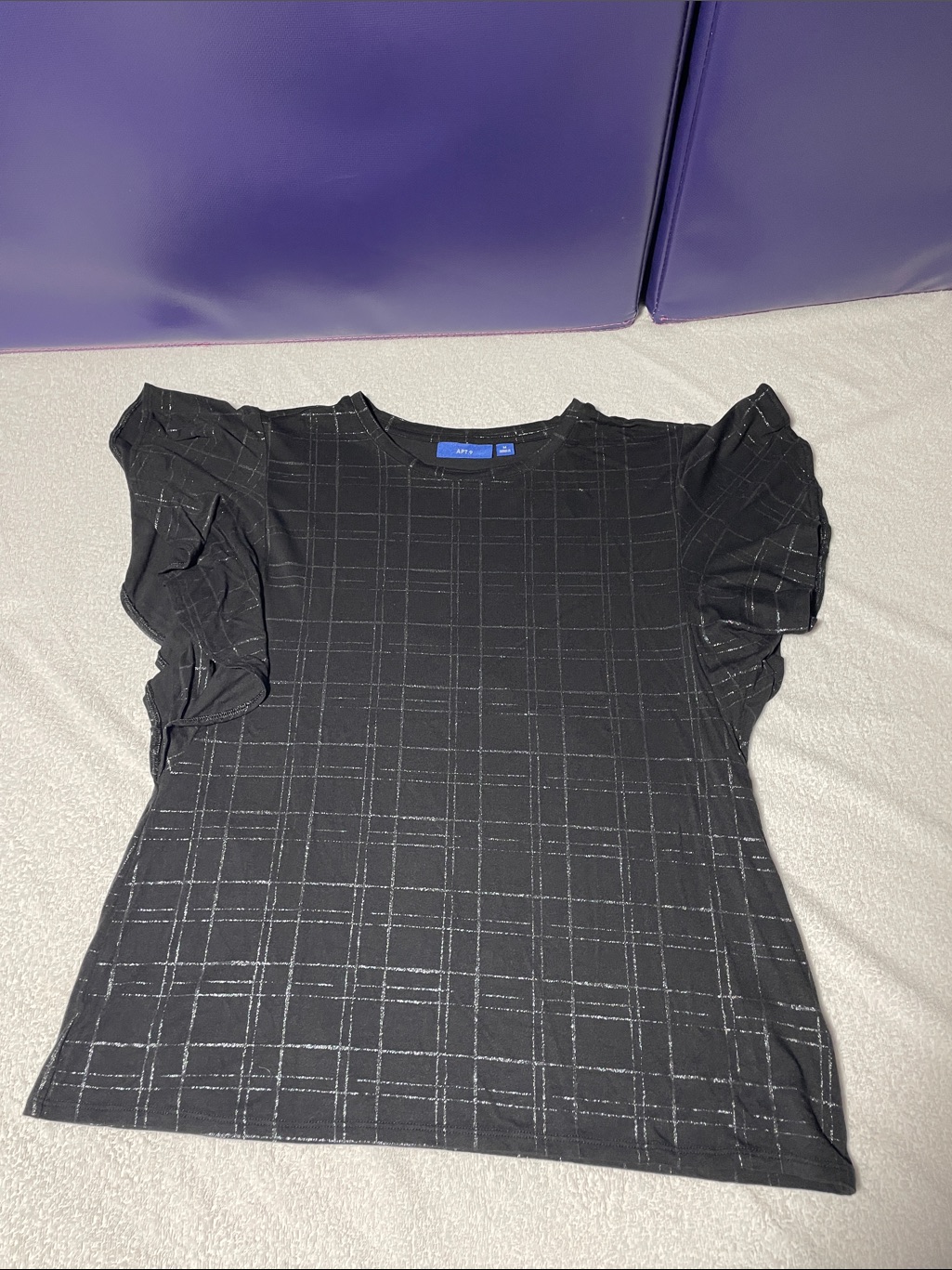 Apt. 9 Black Tee With Silver Grid And Ruffle Sleeves